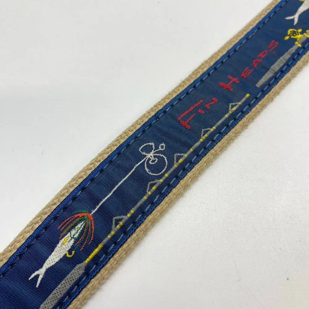 Vintage Fin Heads Mens 40 Leather Golf Belt Fishing Lure Embroidery Brass Buckle